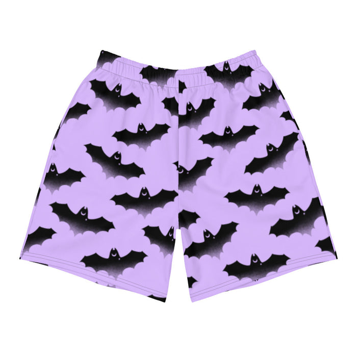 Morrigan pastel-goth men's shorts in lavender with watercolor bats and drifting clouds