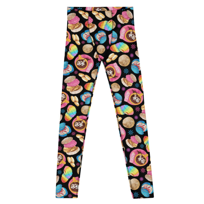 Pan Dulce kawaii men's leggings in yellow with pink conchas and marshmallow hot chocolate