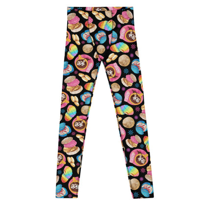 Pan Dulce kawaii men's leggings in yellow with pink conchas and marshmallow hot chocolate