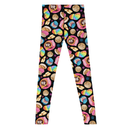 Pan Dulce kawaii men's leggings in black with golden conchas and golden orejas