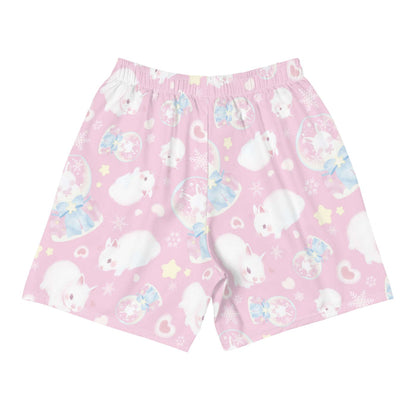 Snow Bunny kawaii men's athletic shorts in pink with fluffy bunnies and cream stars