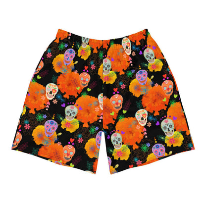 Sugar Skull kawaii men's athletic shorts with ornate skulls and line-art daisies on black
