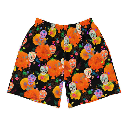 Sugar Skull kawaii men's athletic shorts with ornate skulls and line-art daisies on black
