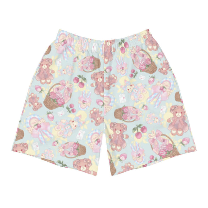 Sweet Teddy kawaii men's athletic shorts in pastel with dress-wearing teddy bears and rose-filled baskets