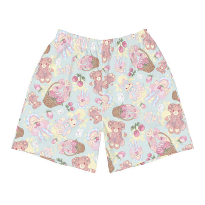 Sweet Teddy kawaii men's athletic shorts in pastel with dress-wearing teddy bears and rose-filled baskets