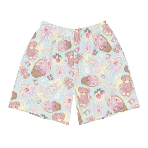 Sweet Teddy kawaii men's athletic shorts in pastel with dress-wearing teddy bears and rose-filled baskets