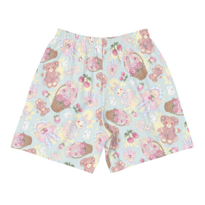 Sweet Teddy kawaii men's athletic shorts in pastel with gingham-bow bunnies and cherries