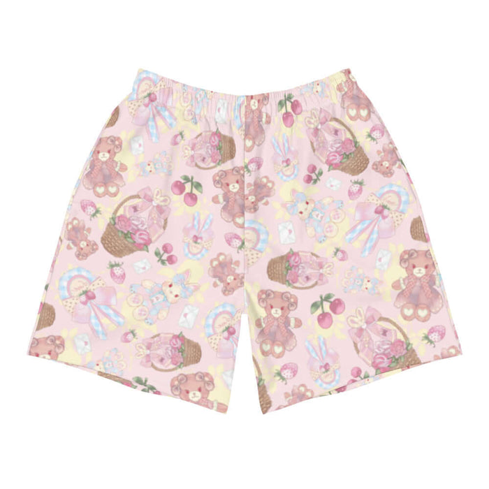 Sweet Teddy kawaii men's athletic shorts in pink with strawberries and satin bows