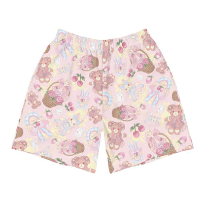 Sweet Teddy kawaii men's athletic shorts in pink with strawberries and satin bows