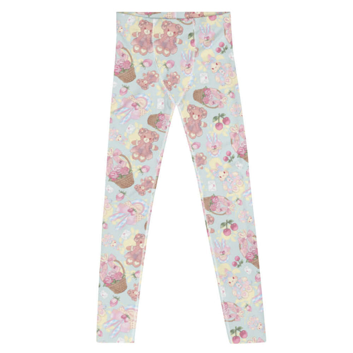 Sweet Teddy kawaii men's leggings in pastel with dress-wearing teddy bears and rose-filled baskets