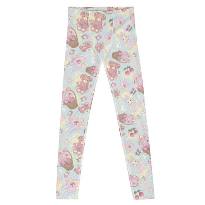 Sweet Teddy kawaii men's leggings in pastel with dress-wearing teddy bears and rose-filled baskets