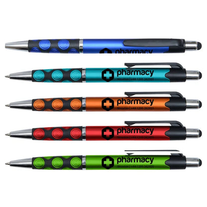 Metallic Gemma Pen with Dot Grip and Stylus Top