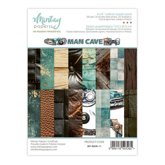 Mintay - 6X8 Add-on Paper Pad - Man Cave. A strong masculine vibe, created around hobbies. Available at Embellish Away in Bowmanville Ontario Canada.