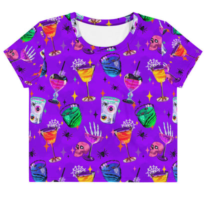 Monster Party kawaii goth crop top, front view, with retro sparkles and eyeball drinks in jewel tones