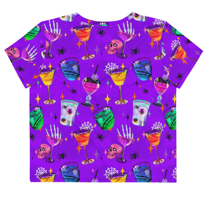 Monster Party kawaii goth crop top, back view, with heart-eyed pink skulls and haunted cocktails in jewel tones