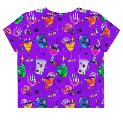 Monster Party kawaii goth crop top, back view, with heart-eyed pink skulls and haunted cocktails in jewel tones