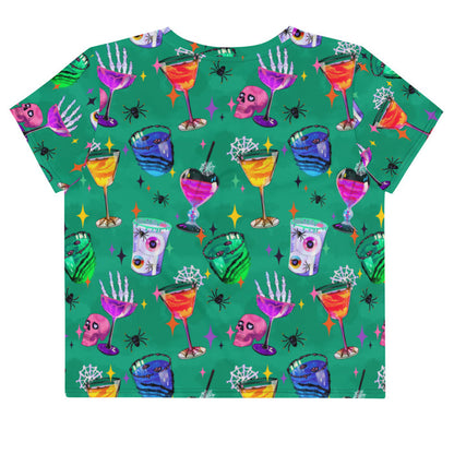 Monster Party kawaii goth crop top, back view, with slime-rimmed eyeball drinks and heart-eyed skulls in jewel tones