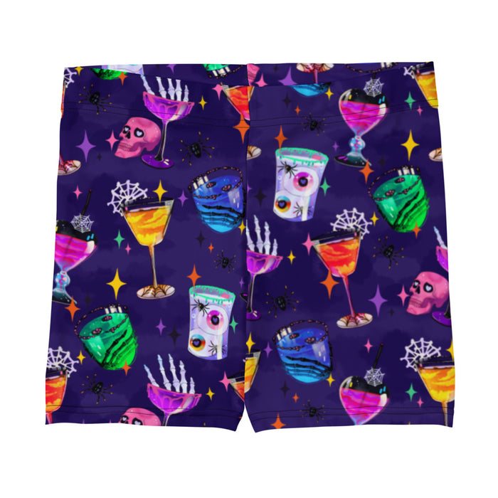 Monster Party gothic shorts, front view, with cobwebbed candy apples and retro sparkles in jewel tones