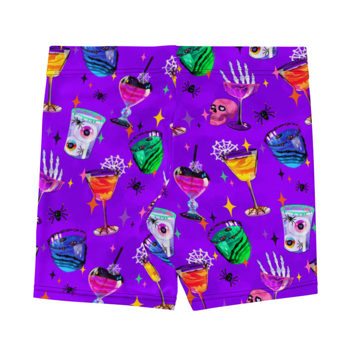 Monster Party gothic shorts, back view, with haunted cocktails and crawling spiders in jewel tones