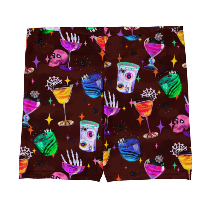 Monster Party gothic shorts, front view, with retro sparkles and eyeball drinks in jewel tones