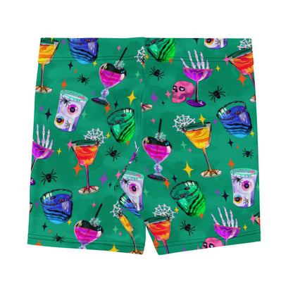 Monster Party gothic shorts, back view, with heart-eyed pink skulls and haunted cocktails in jewel tones