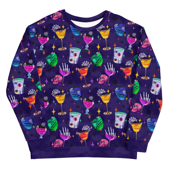Monster Party gothic sweatshirt, front view, with cobweb-laced cocktail glasses and pink skulls in jewel tones
