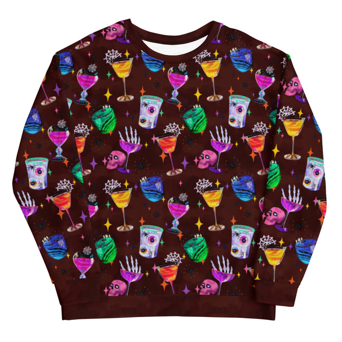 Monster Party gothic sweatshirt, front view, with skeleton hands and glossy candy apples in jewel tones