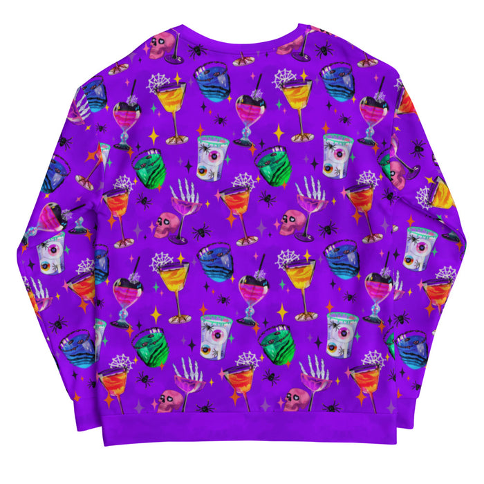 Monster Party gothic sweatshirt, back view, with jewel-tone cocktails and spiderwebs