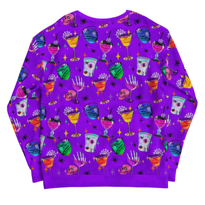 Monster Party gothic sweatshirt, back view, with jewel-tone cocktails and spiderwebs