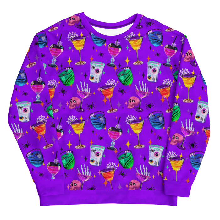 Monster Party gothic sweatshirt, front view, with skeleton hands and jewel-tone martinis