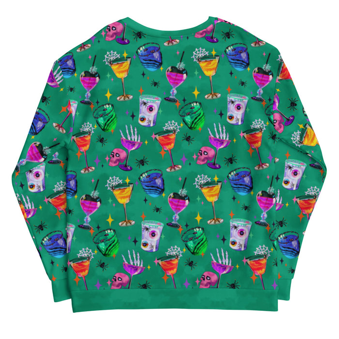 Monster Party gothic sweatshirt, back view, with eyeball-garnished drinks and black spiders in jewel tones