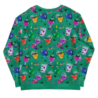 Monster Party gothic sweatshirt, back view, with eyeball-garnished drinks and black spiders in jewel tones