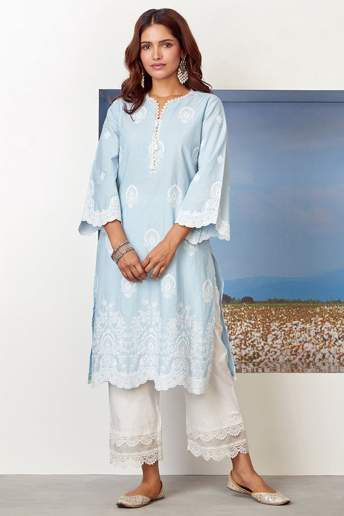 Mulmul Supima Cotton Dreamscape Light Blue Kurta