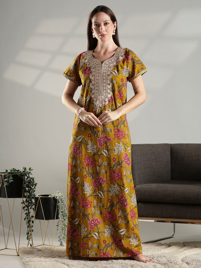 Floral print pure cotton nightwear for women in mustard