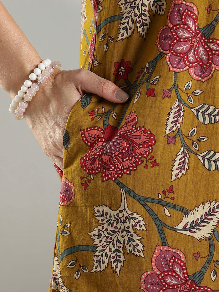 Floral print pure cotton nightwear for women in mustard