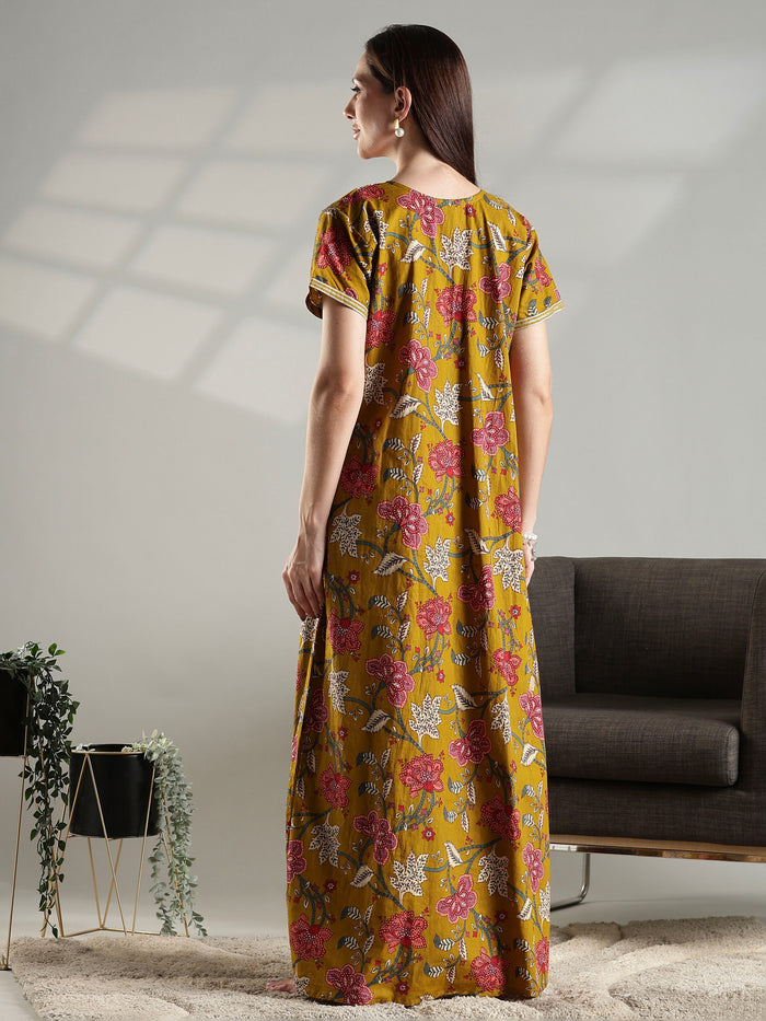 Floral print pure cotton nightwear for women in mustard
