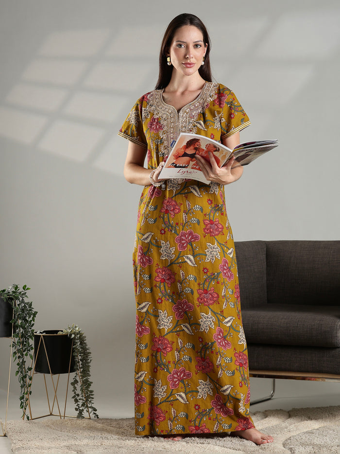 Floral print pure cotton nightwear for women in mustard