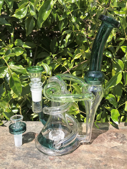 New! 9" Best Thick Glass, Water Recycler Rig/Shower Perc. & 2-14mm Male Slide Bowls