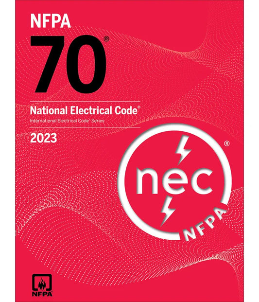 Cover of 2023 NFPA 70 National Electrical Code book with red background and white NEC lightning bolt logo
