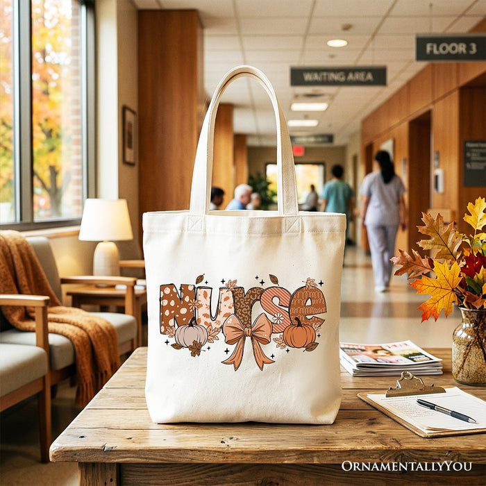 Nurse Coquette Autumn Tote Bag, Cozy Fall Pumpkins for Nurses Tote Bag OrnamentallyYou White
