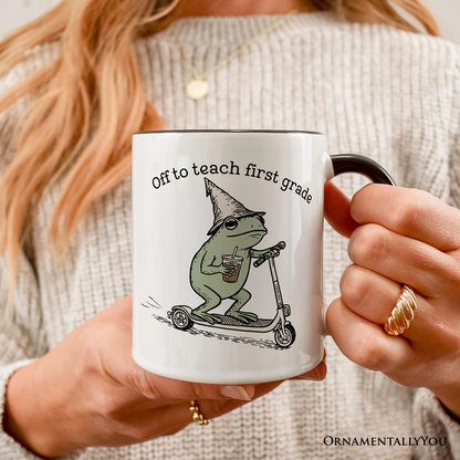 Off to Teach First Grade Frog Personalized Mug, Funny Teachers Gift with Custom Name