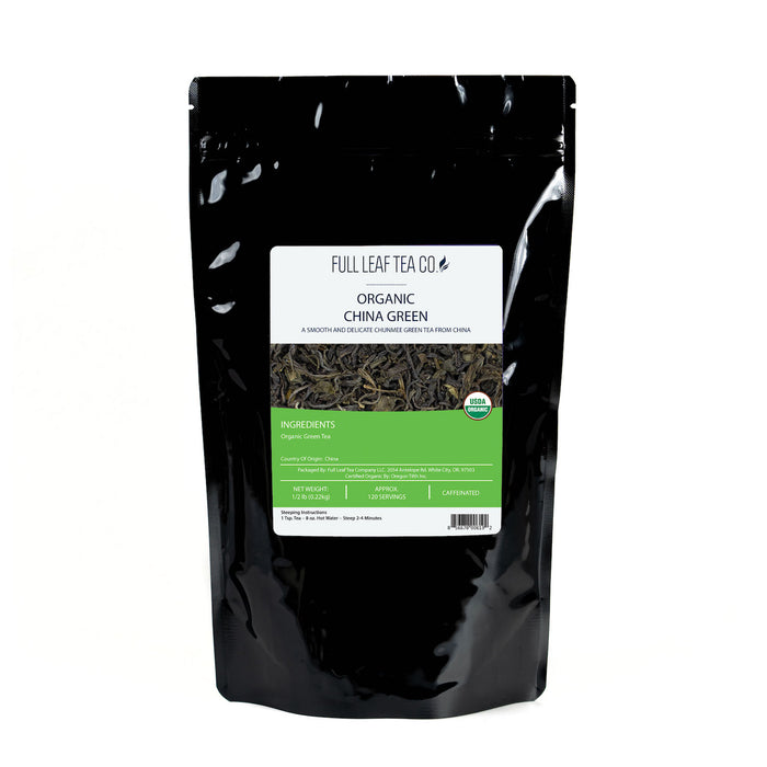 A 1/2 pound bag of Full Leaf Tea Company Organic China Green Loose Leaf Tea.