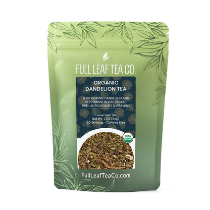 A 2oz bag of Full Leaf Tea Company Organic Dandelion Loose Leaf Tea.