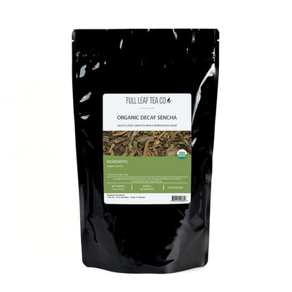 A 4oz bag of Full Leaf Tea Company Organic Decaf Sencha Loose Leaf Tea.