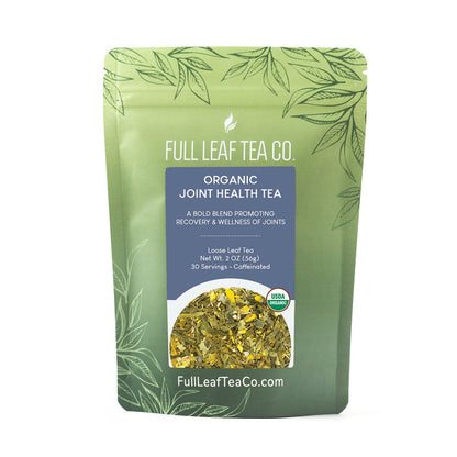 A 2oz bag of Full Leaf Tea Company Organic Joint Health Loose Leaf Tea.