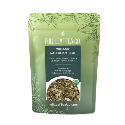 A 1oz bag of Full Leaf Tea Company Organic Raspberry Leaf Loose Leaf Tea.
