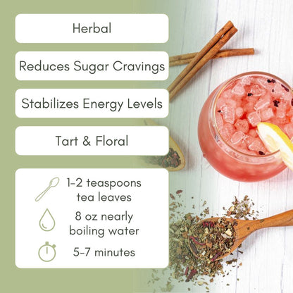 Informational graphic for sugar crush tea. Flavor is tart and floral, stabilizes energy levels, and reduces sugar cravings.