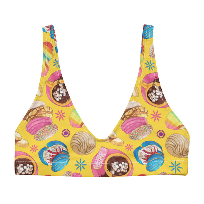 Pan Dulce kawaii padded bikini top in yellow with blue drizzled conchas and polvorón cookies