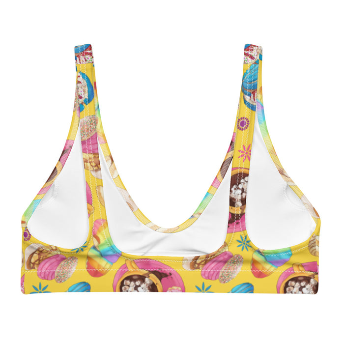 Pan Dulce kawaii padded bikini top in yellow with marshmallow hot chocolate and pink cortadillos