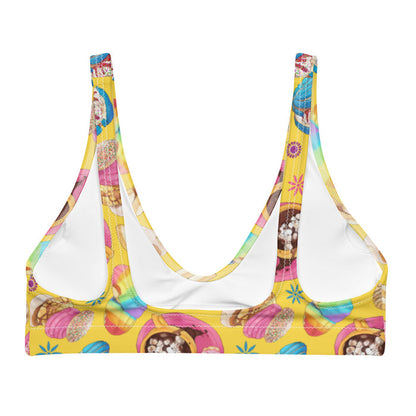 Pan Dulce kawaii padded bikini top in yellow with marshmallow hot chocolate and pink cortadillos